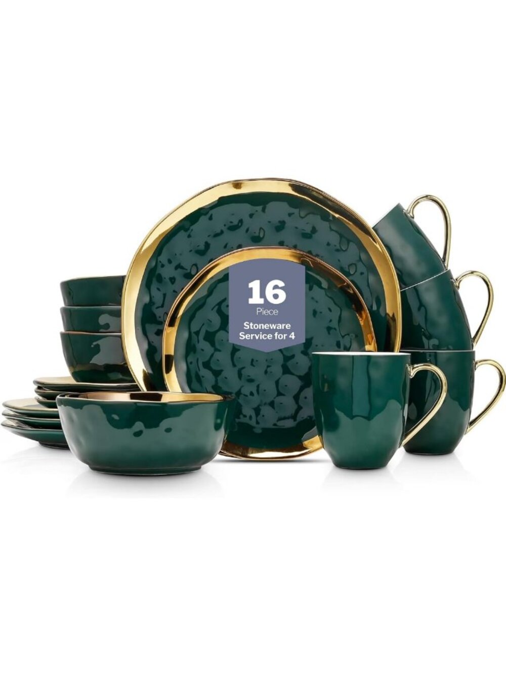 Modern Porcelain 16-Piece Dinnerware Set for 4 - Green & Gold Rim Plates & Bowls